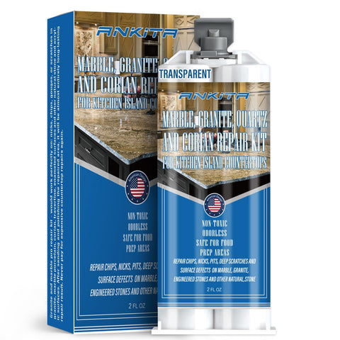 Ankita Quartz Repair Kit transparent application shows seamless color match on countertop