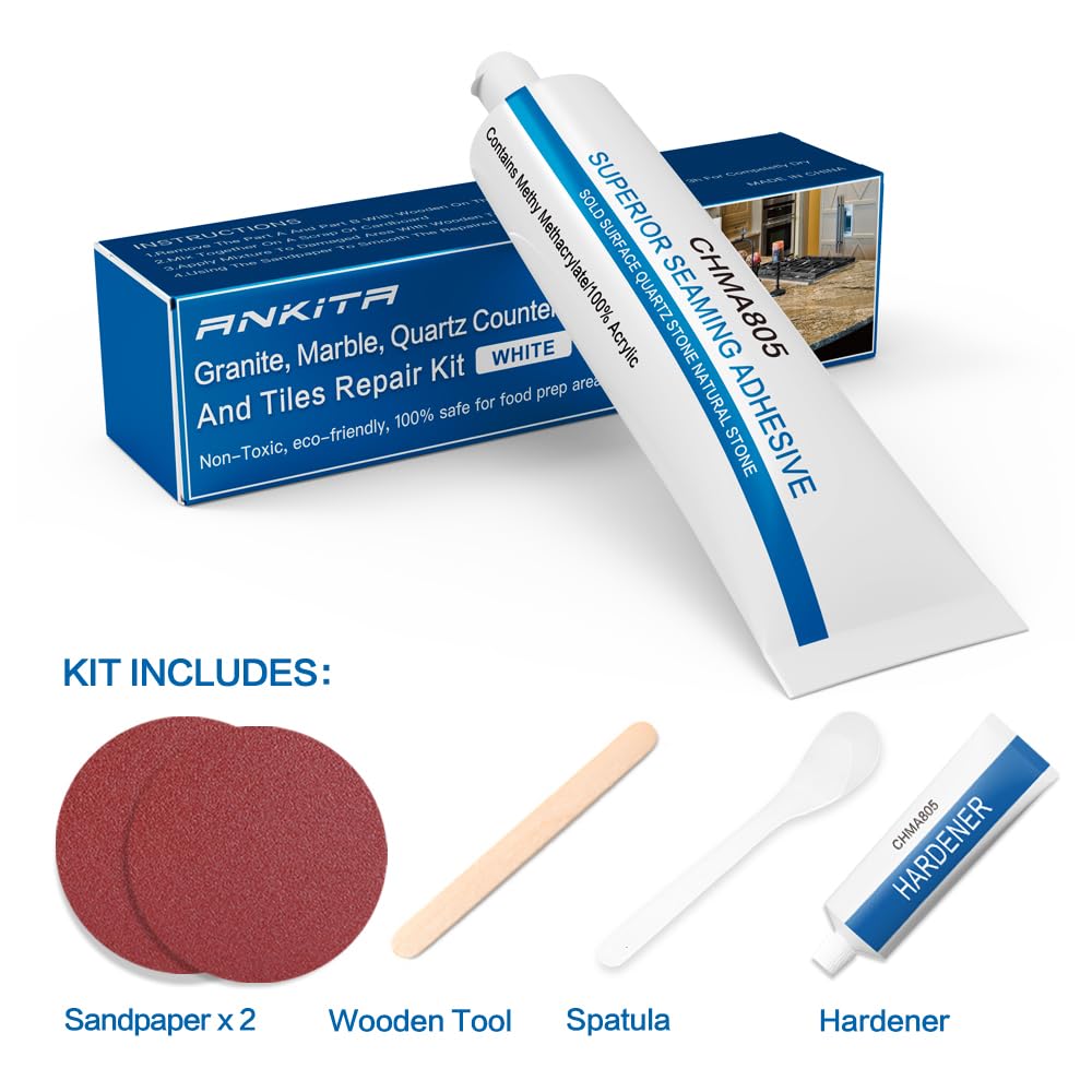 Ankita repair kit fixes cracks in stone countertops for lasting beauty.