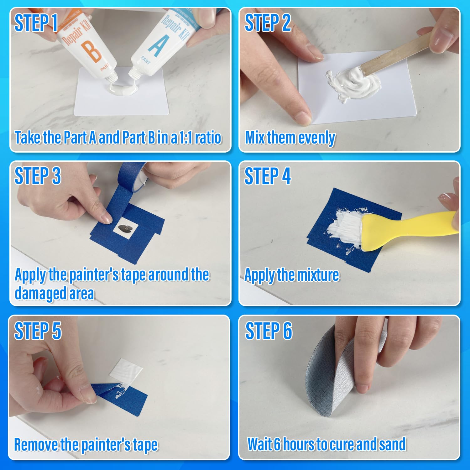Ankita Tub Repair Kit White complete contents arranged for easy application