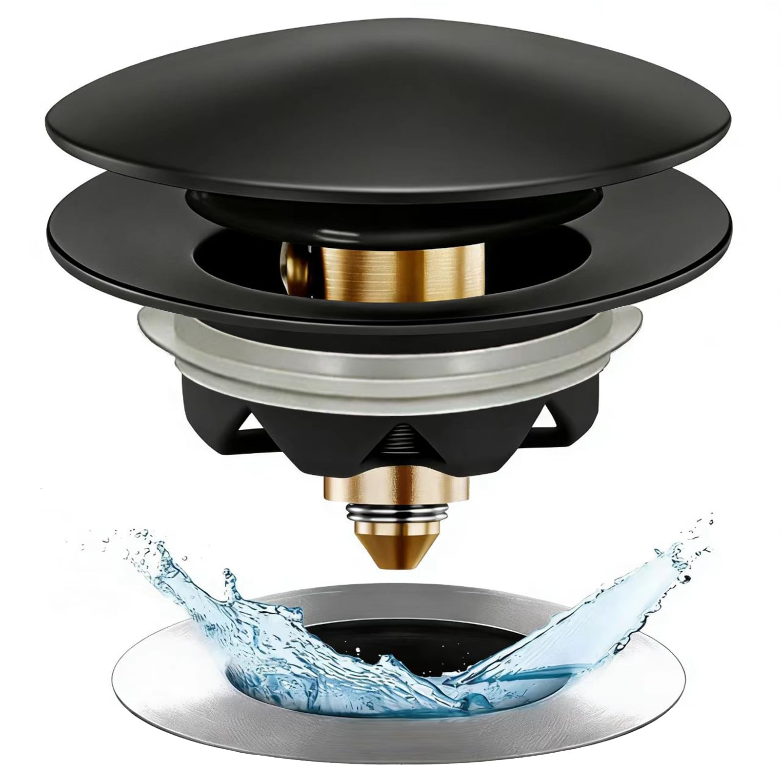 Anlige bathtub drain stopper in matte black close-up, showing durable brass construction.