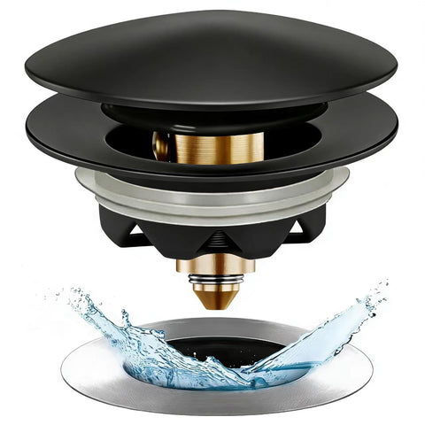 Anlige bathtub drain stopper in matte black close-up, showing durable brass construction.