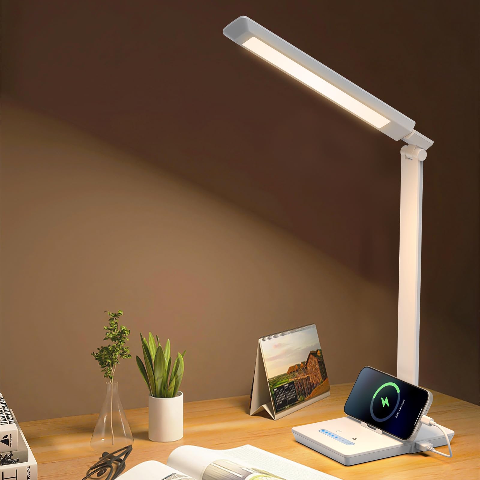 ANNAITE desk lamp with USB port close-up highlights convenient charging while you work.