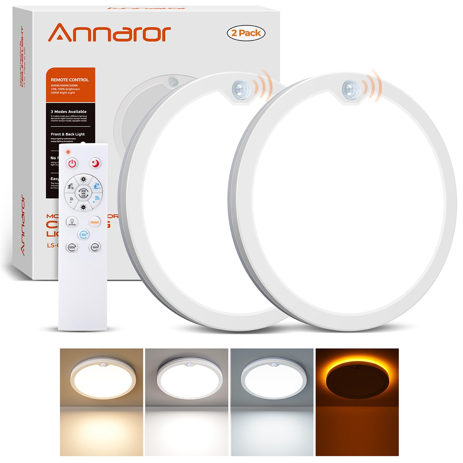 Annaror 2Pack motion sensor ceiling light front view for bright, energy-efficient lighting in entryways