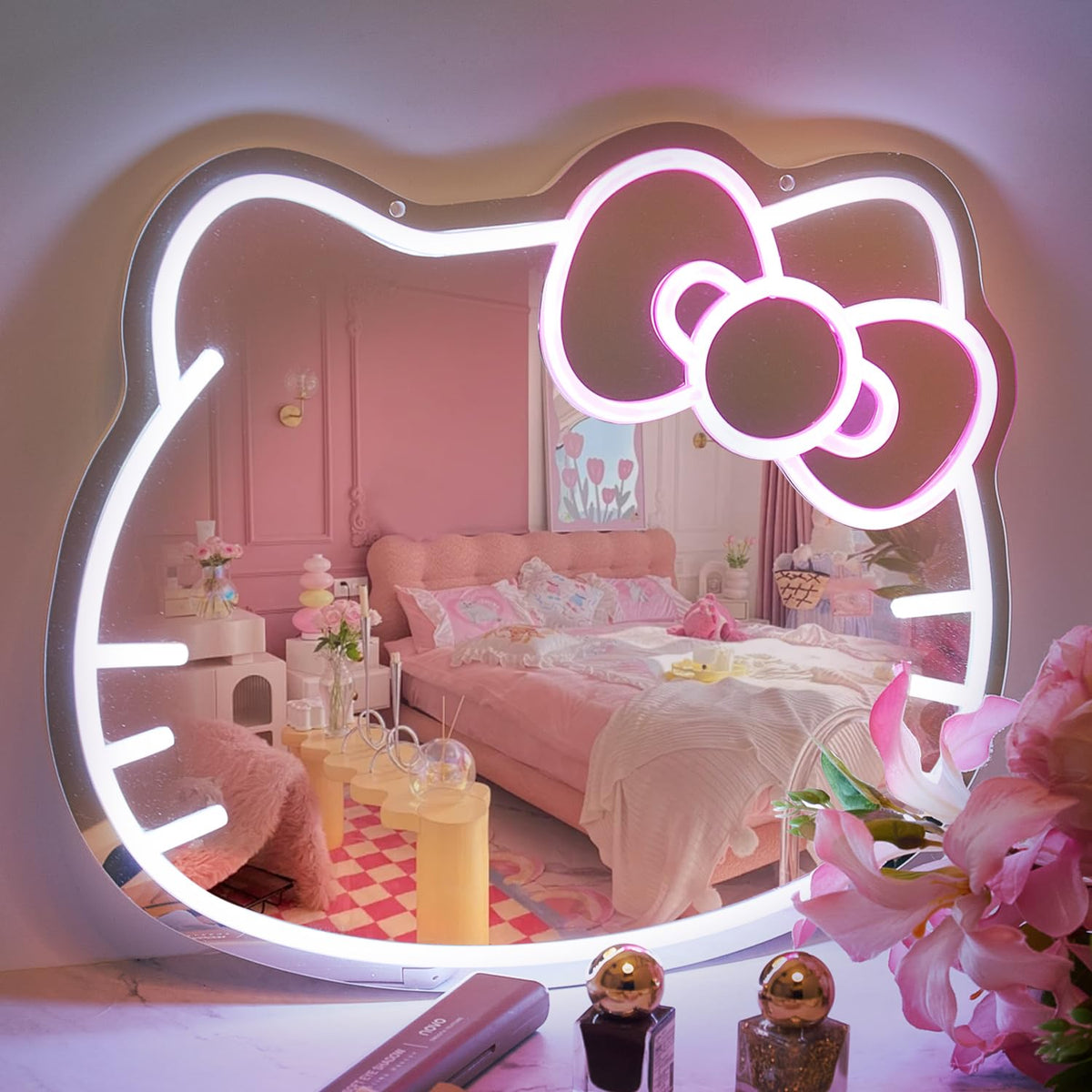 ANNJET neon sign vanity mirror with cat design enhances makeup sessions.