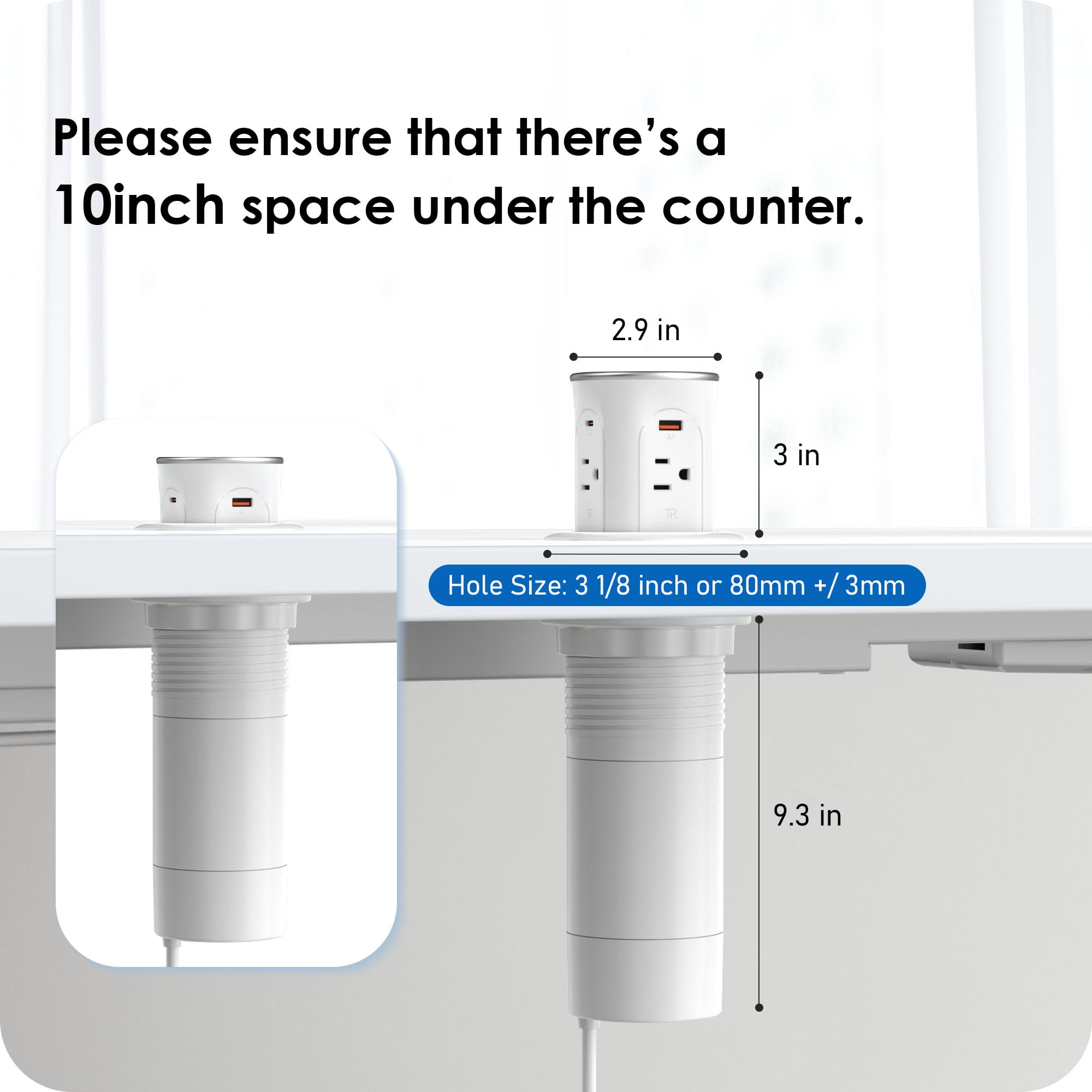 Counterhole installation showing a 3.15-inch opening for flush fit.