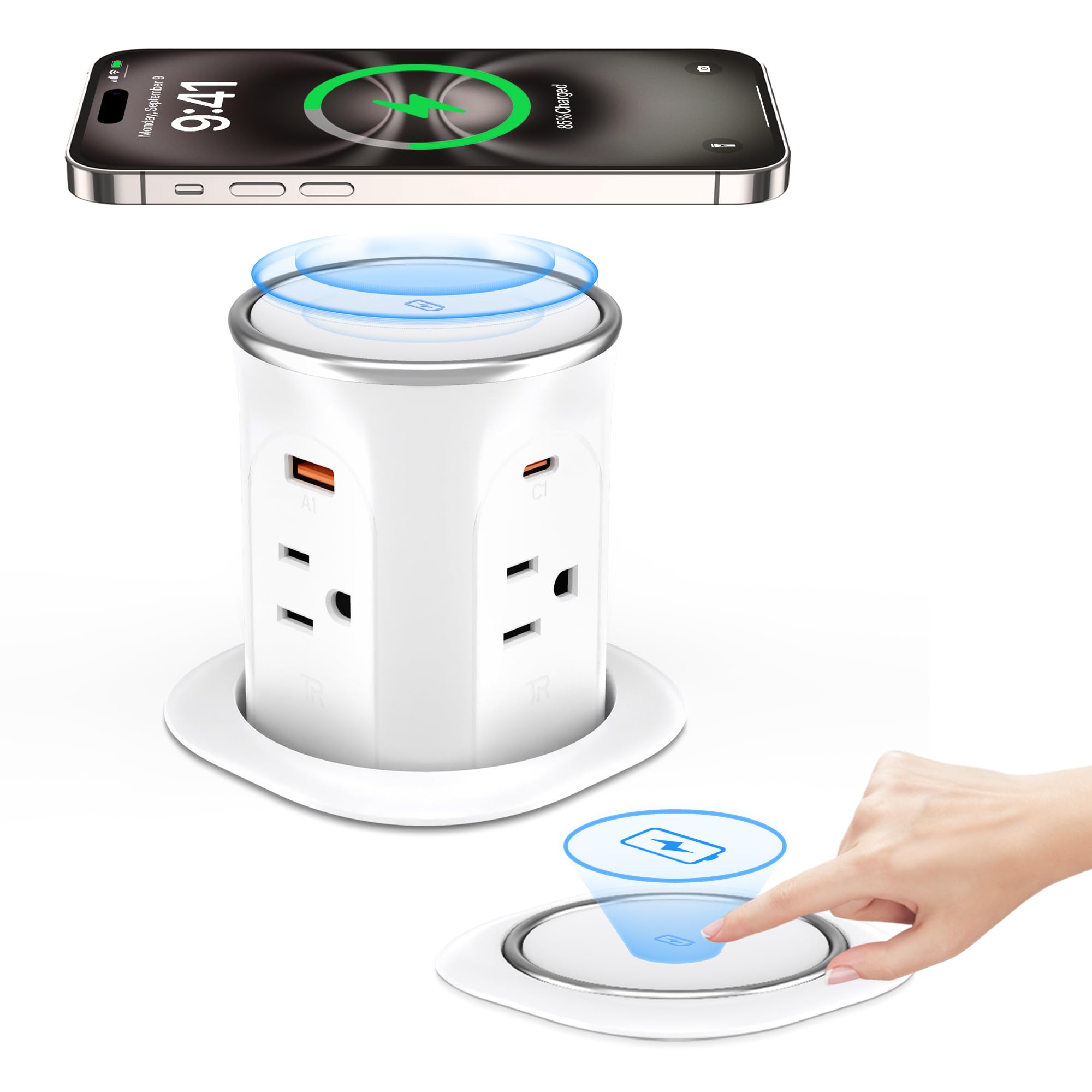 ANNQUAN motorized pop-up outlet with hidden panel for clutter-free countertops.