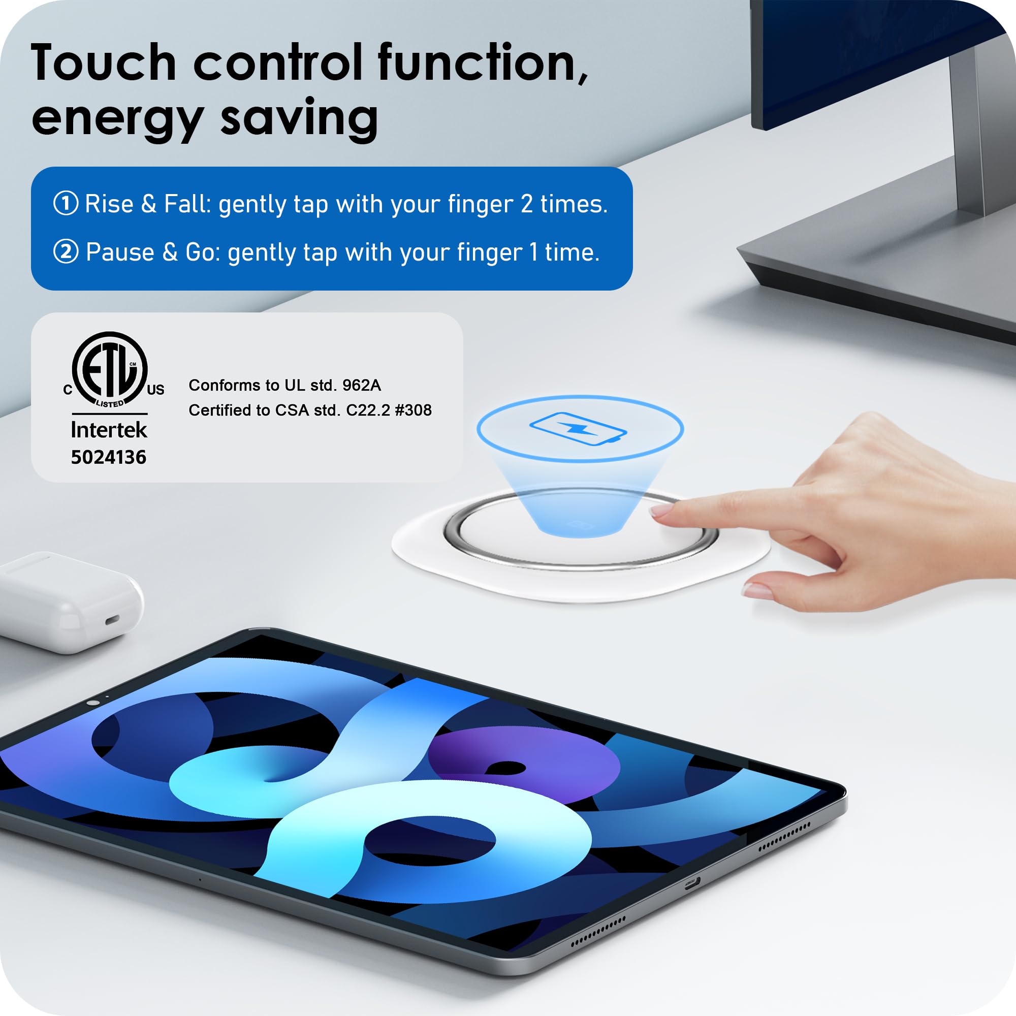 Extended pop-up countertop revealing four outlets and ports for versatile use.