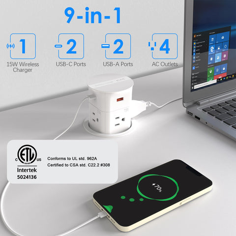 ANNQUAN pop-up outlet shows four outlets and USB ports ready to power devices.