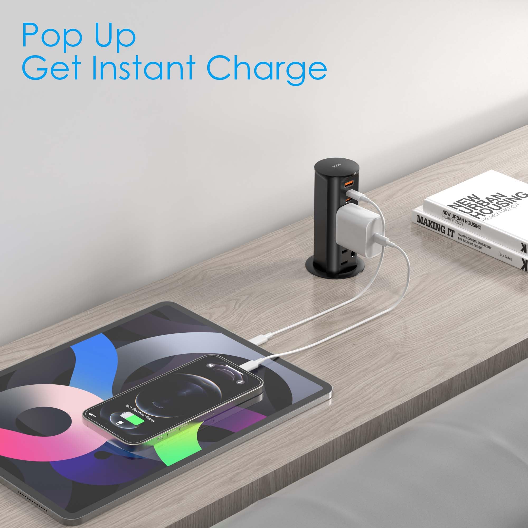ANNQUAN pop-up outlet fits a 2-inch hole for quick, tool-free installation.