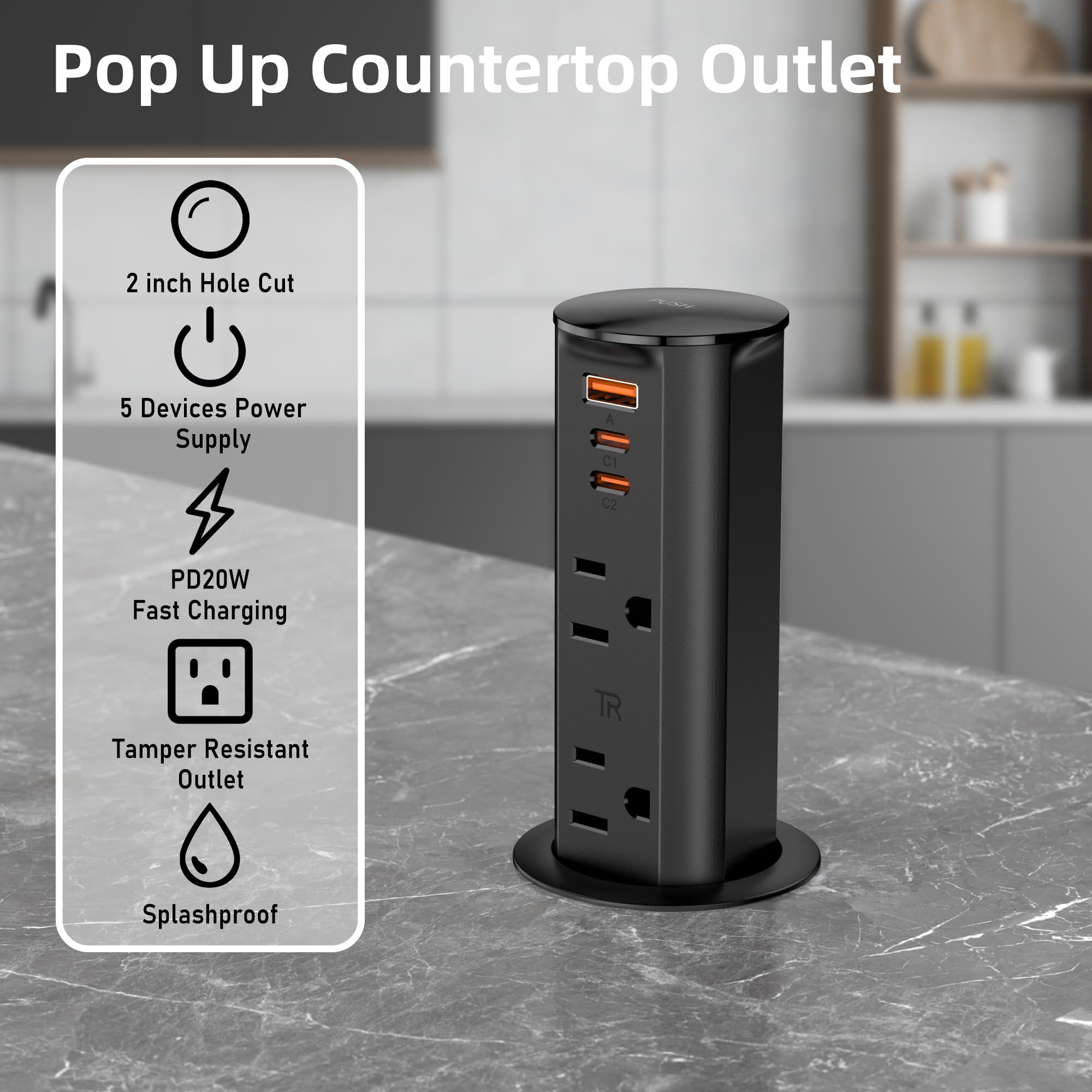 ANNQUAN pop-up outlet retracted flush, keeping your counter clean and accessible.