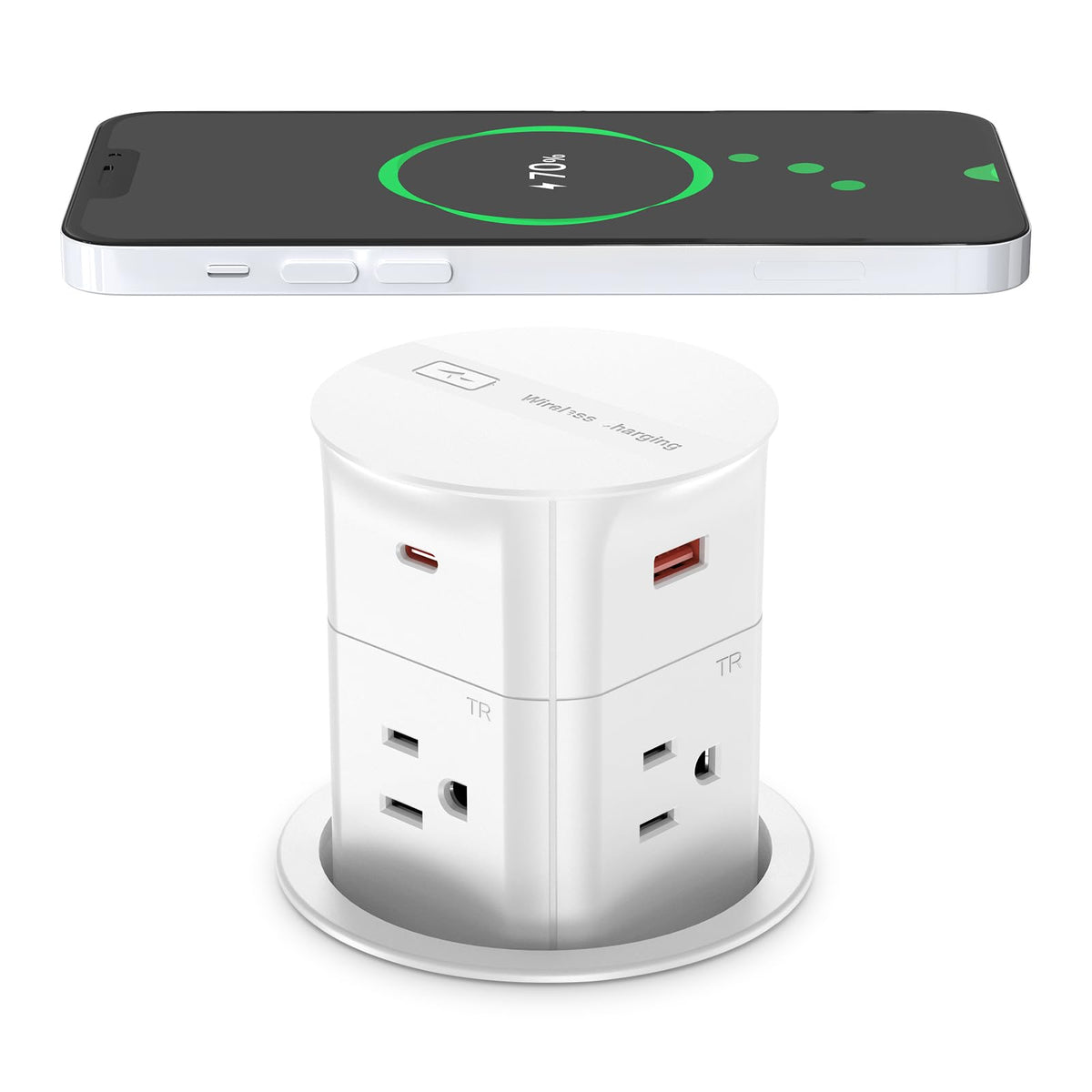 ANNQUAN wireless charger on top of the pop-up outlet for cable-free charging.