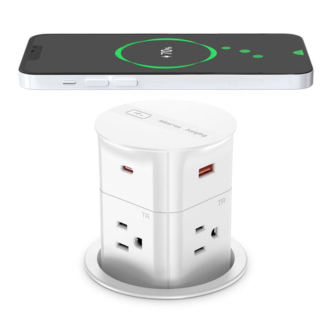 ANNQUAN wireless charger on top of the pop-up outlet for cable-free charging.