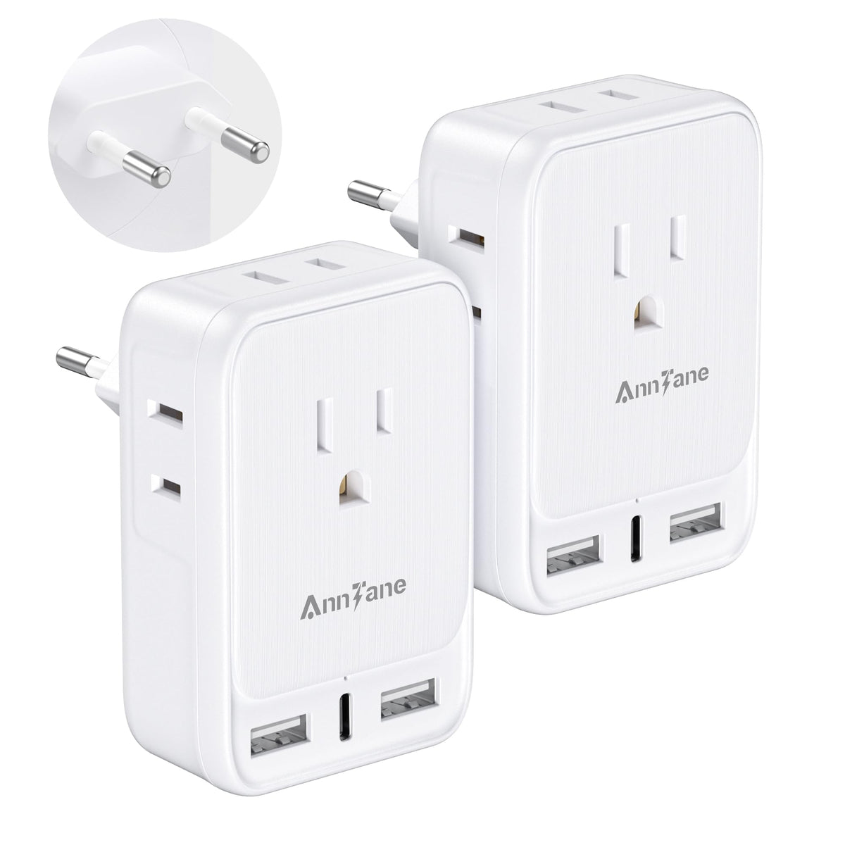 AnnTane 2-pack European travel adapter with four outlets and USB ports for multi-device charging