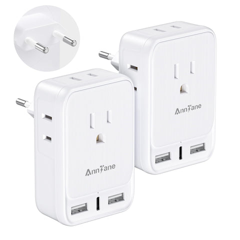 AnnTane 2-pack European travel adapter with four outlets and USB ports for multi-device charging