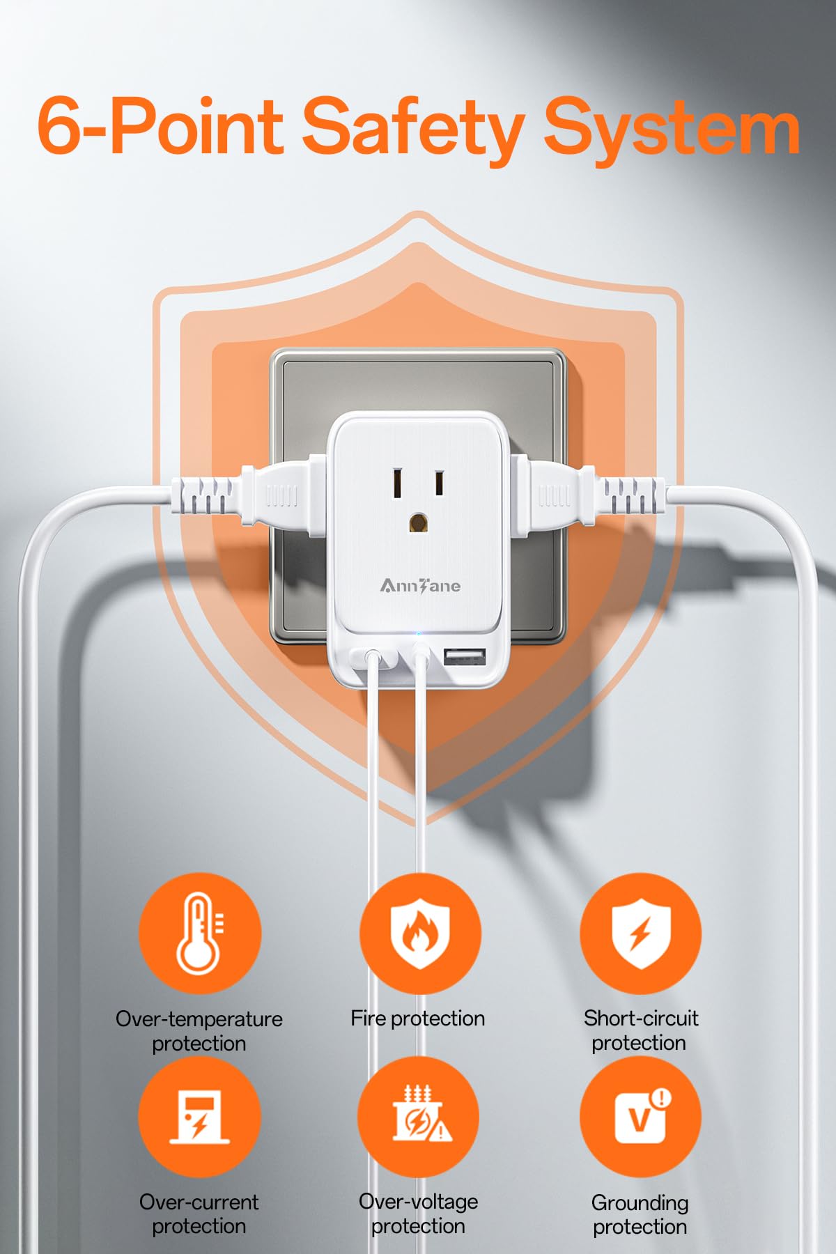 AnnTane travel adapter on hotel desk during overseas stay