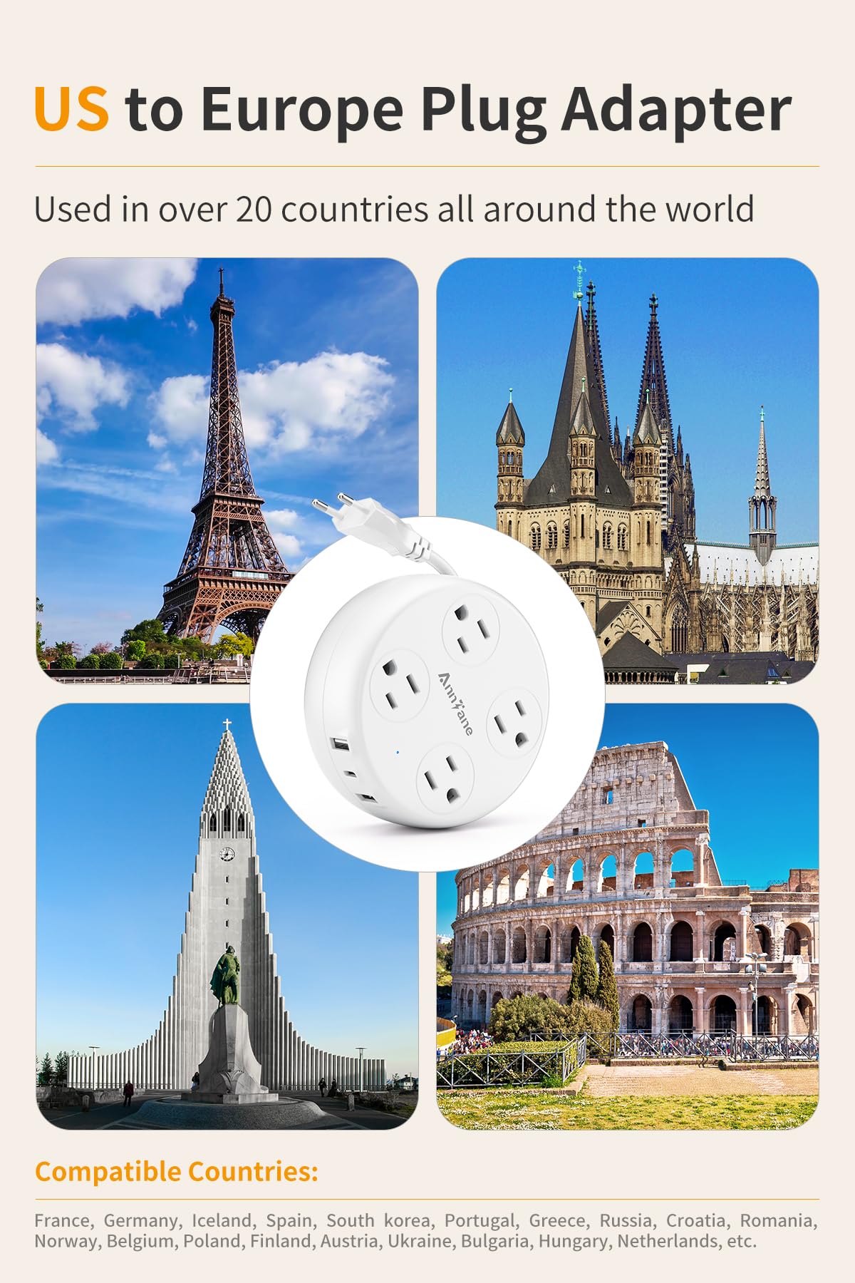 AnnTane retractable power strip for tidy, compact packing on trips