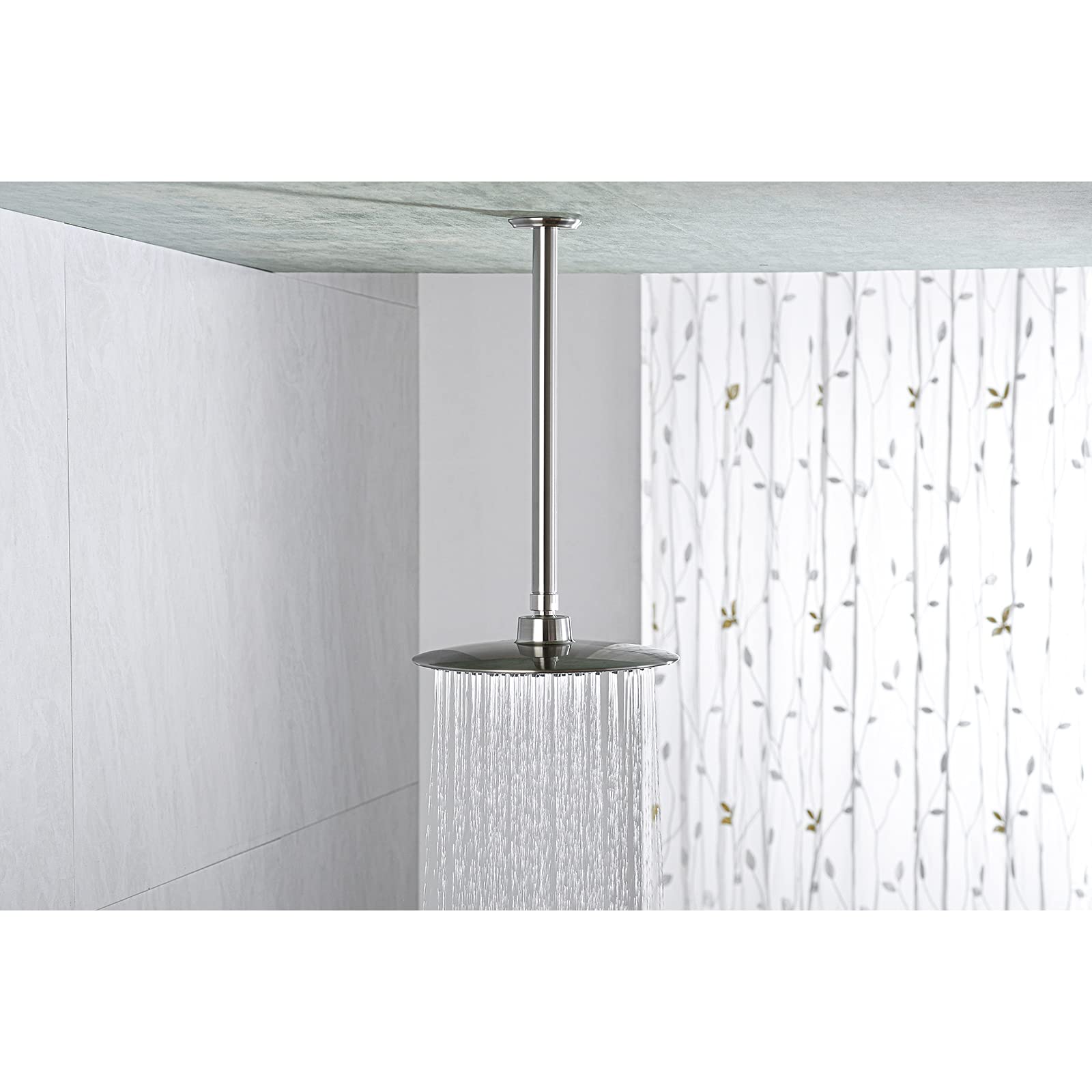 Anpean 12in ceiling shower arm flange close-up in brushed nickel shows durable connection.