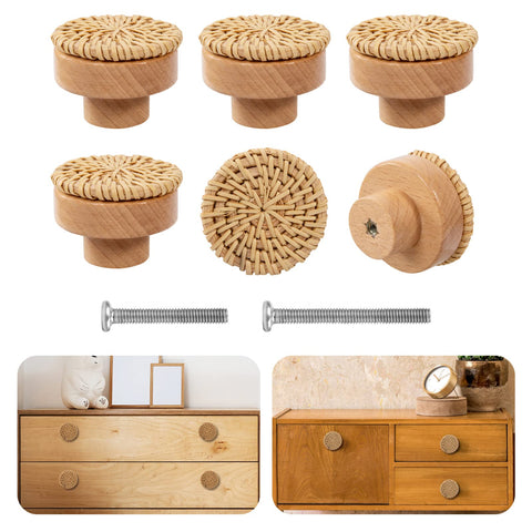 ANPHSIN boho rattan cabinet knob with handwoven weave adds natural texture to furniture.