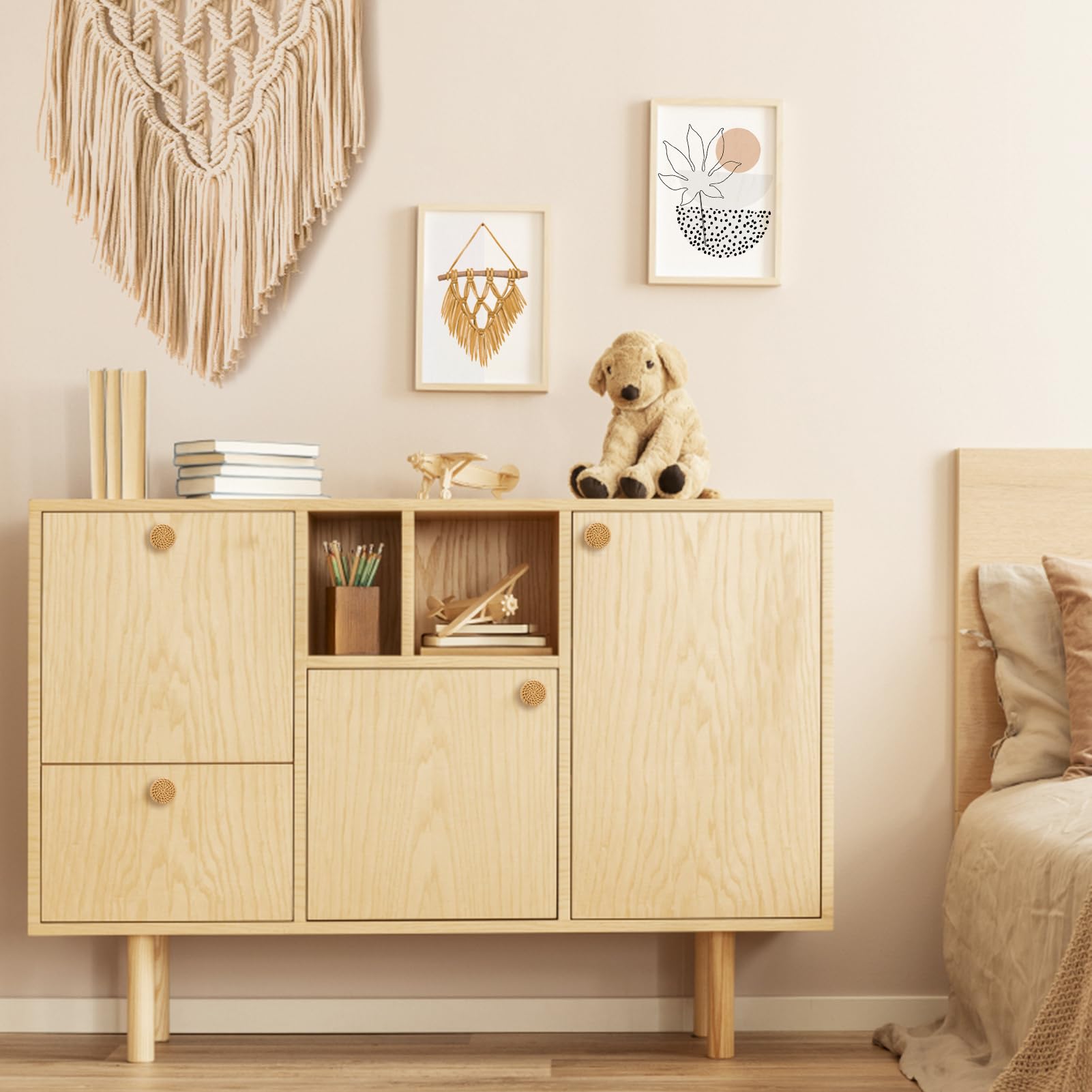 ANPHSIN boho wood dresser knob front view showcases handmade rattan weave.