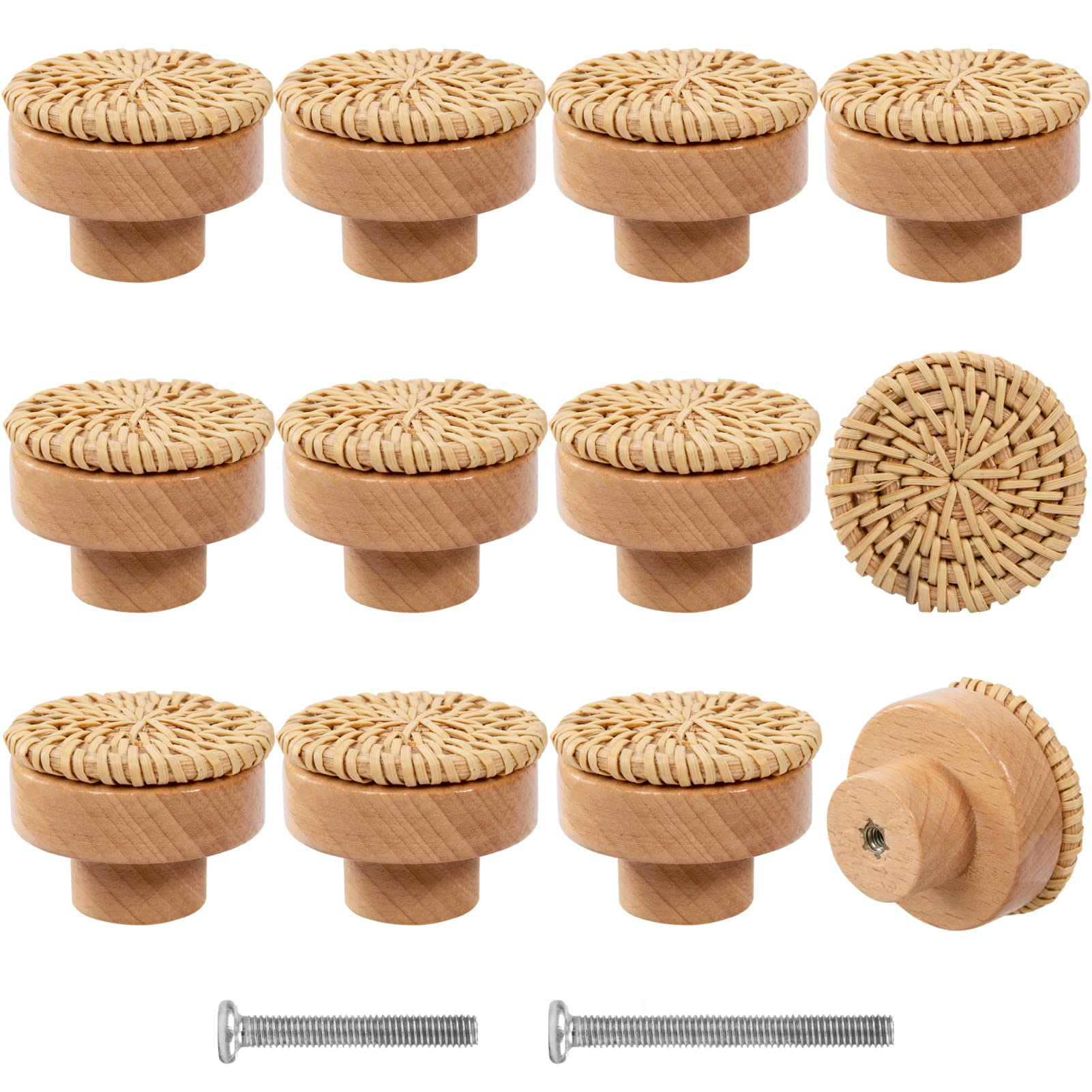 ANPHSIN boho wood dresser knob with rattan detail adds natural texture to cabinetry.