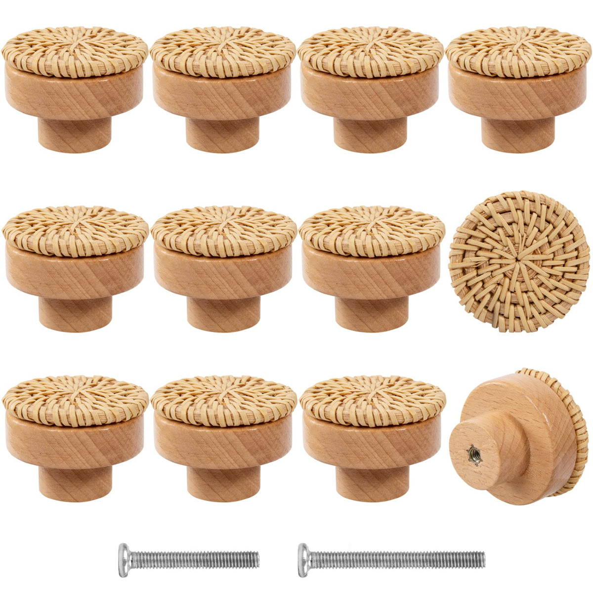 ANPHSIN boho wood dresser knob with rattan detail adds natural texture to cabinetry.