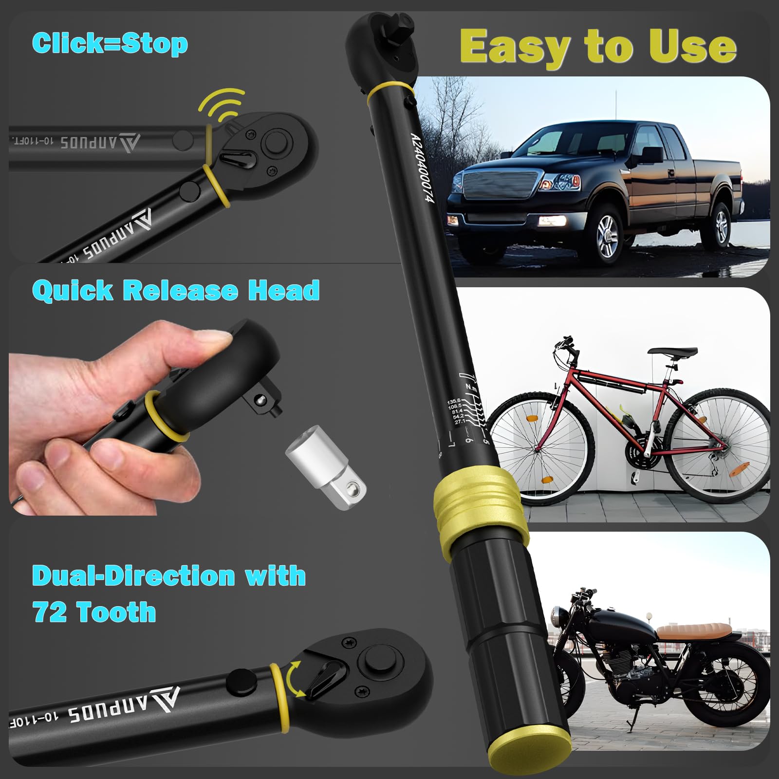 ANPUDS torque wrench 72-tooth ratchet head enables smooth, quick adjustments.