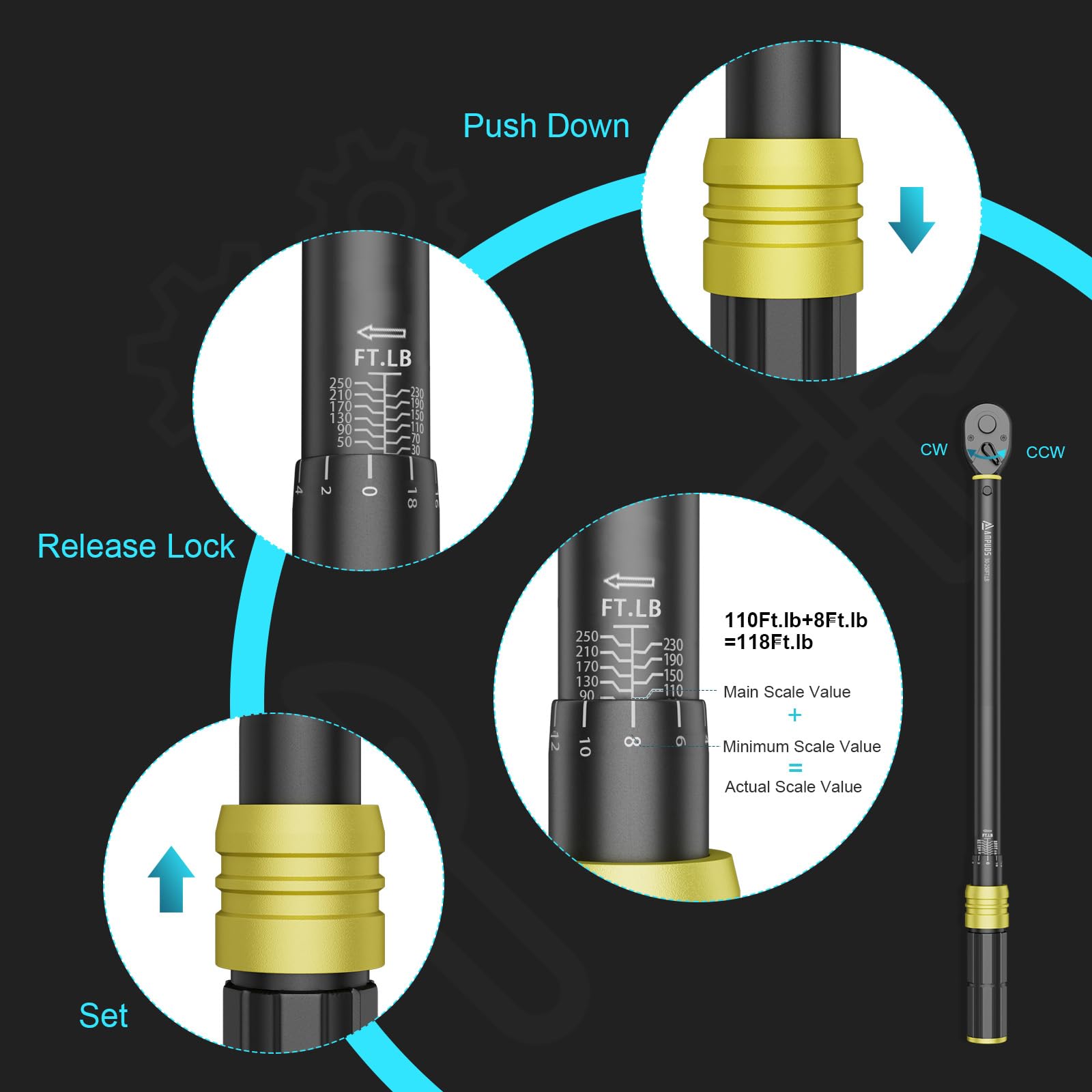 ANPUDS torque wrench lock function maintains torque setting during use.