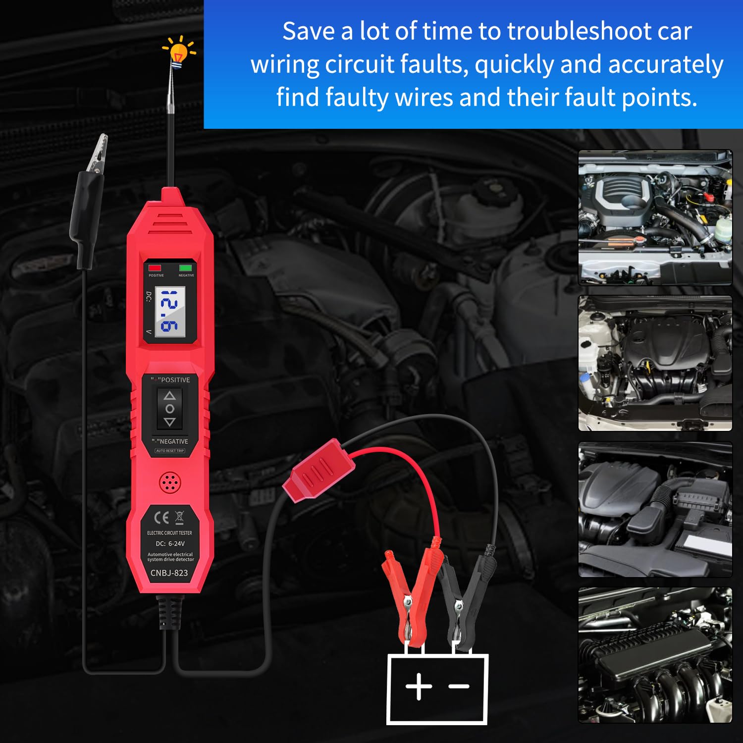 Ansbell automotive tester in use testing multiple points with built-in backlight.