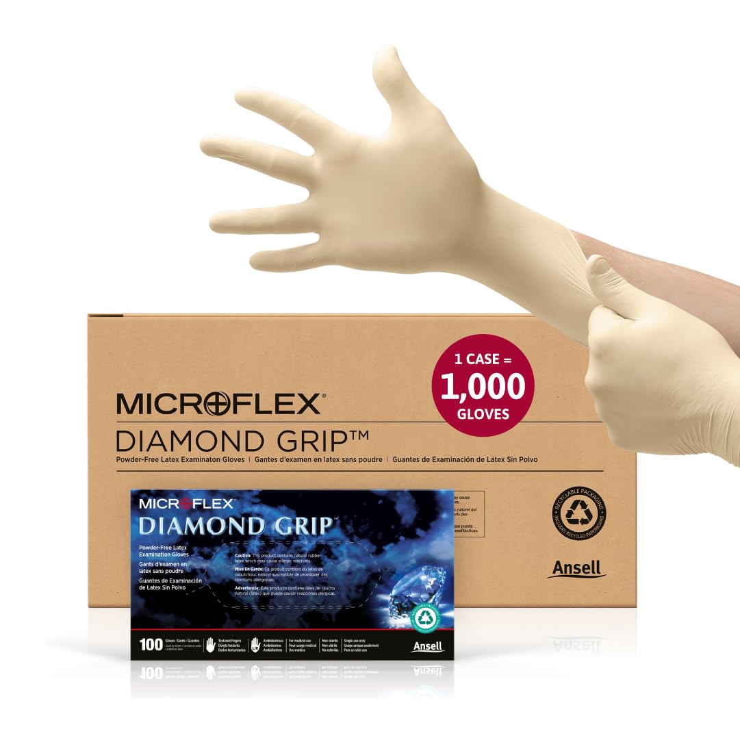 Ansell Microflex Diamond Grip gloves pack front view showing durability in tasks.