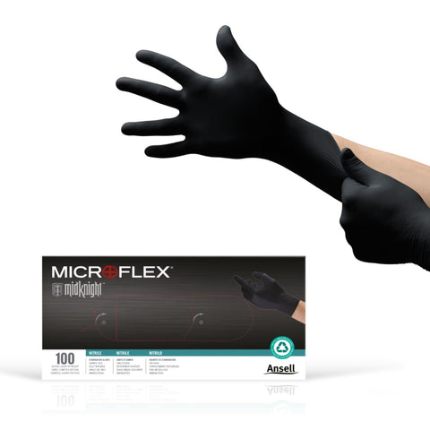 Ansell MICROFLEX MidKnight MK-296 black nitrile gloves with full texture for secure grip.