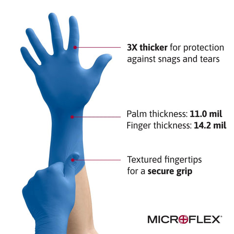 Ansell Microflex SG-375 blue gloves with extended cuffs provide wrist protection.