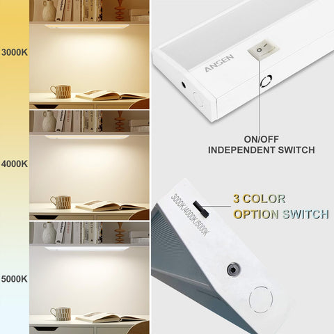 Ansen cabinet lighting showing three color temperatures for warm to daylight tasks.