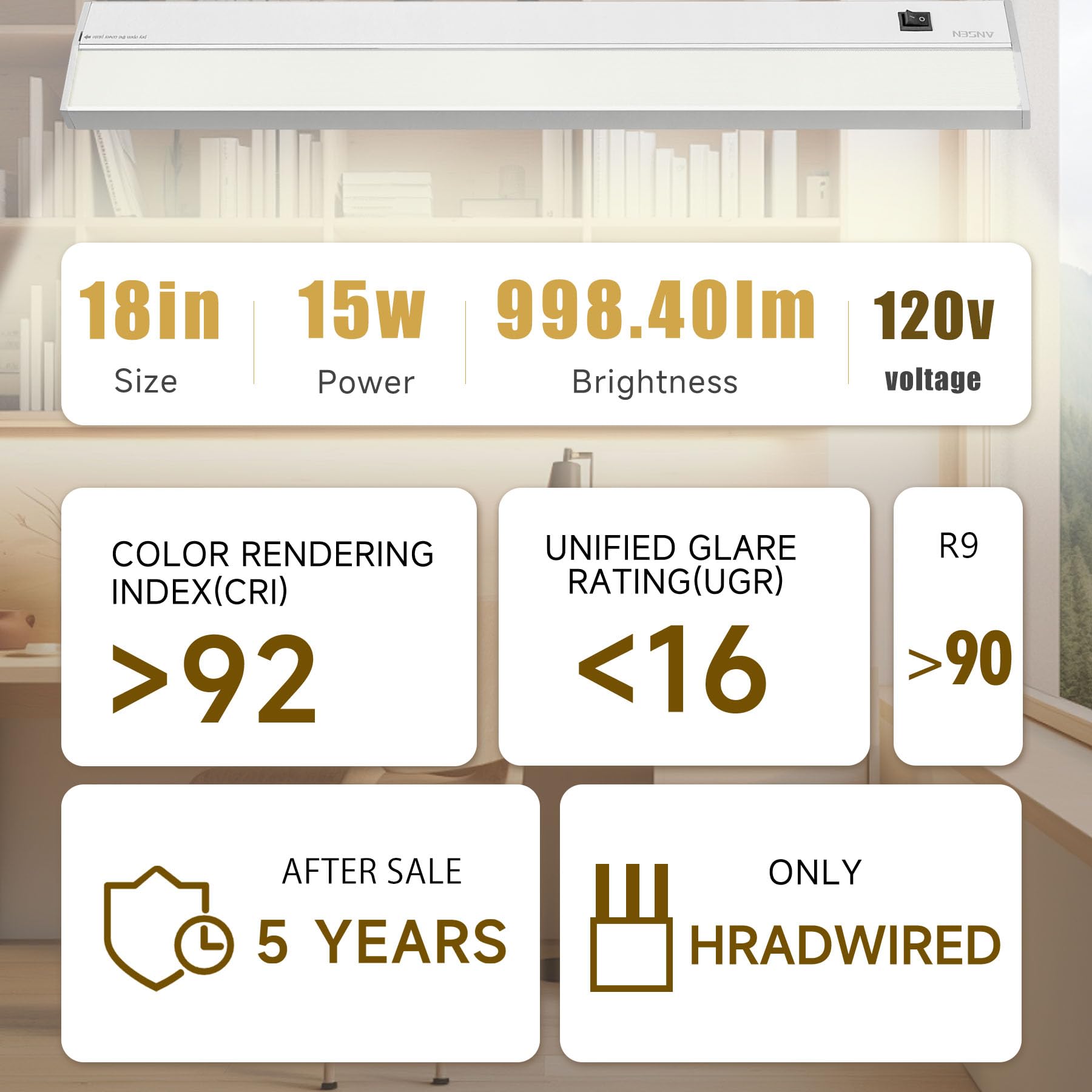Ansen dimmable LED under-cabinet light with 3 CCT improves workspace versatility.