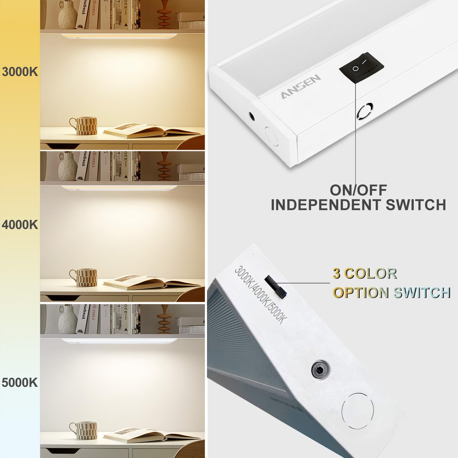 Ansen LED under-cabinet light demonstrates dimmable brightness for adjustable mood.