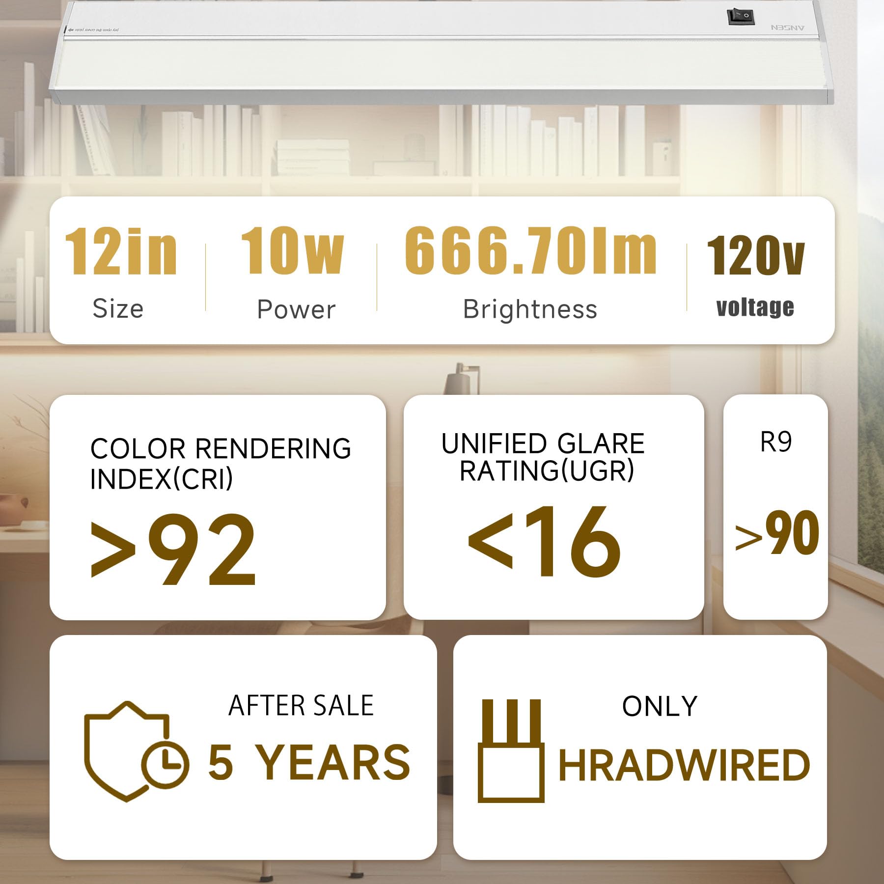 Ansen 3000K warm white under-cabinet light brightens kitchen prep areas.