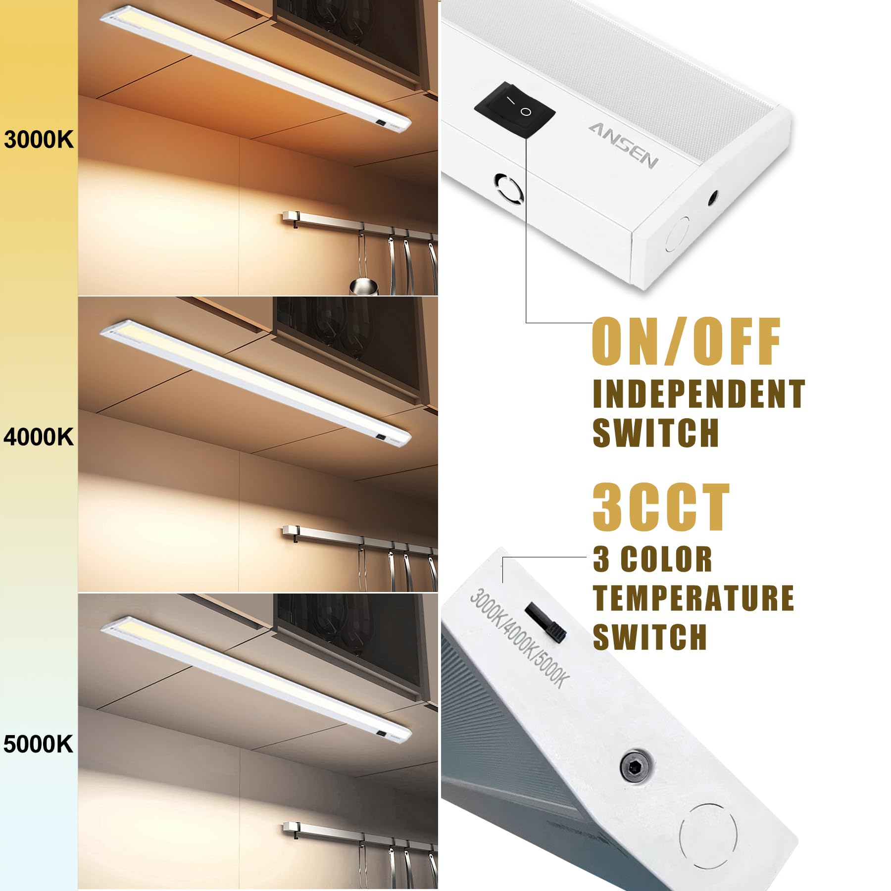 Ansen 4000K cool white under-cabinet light improves pantry visibility.