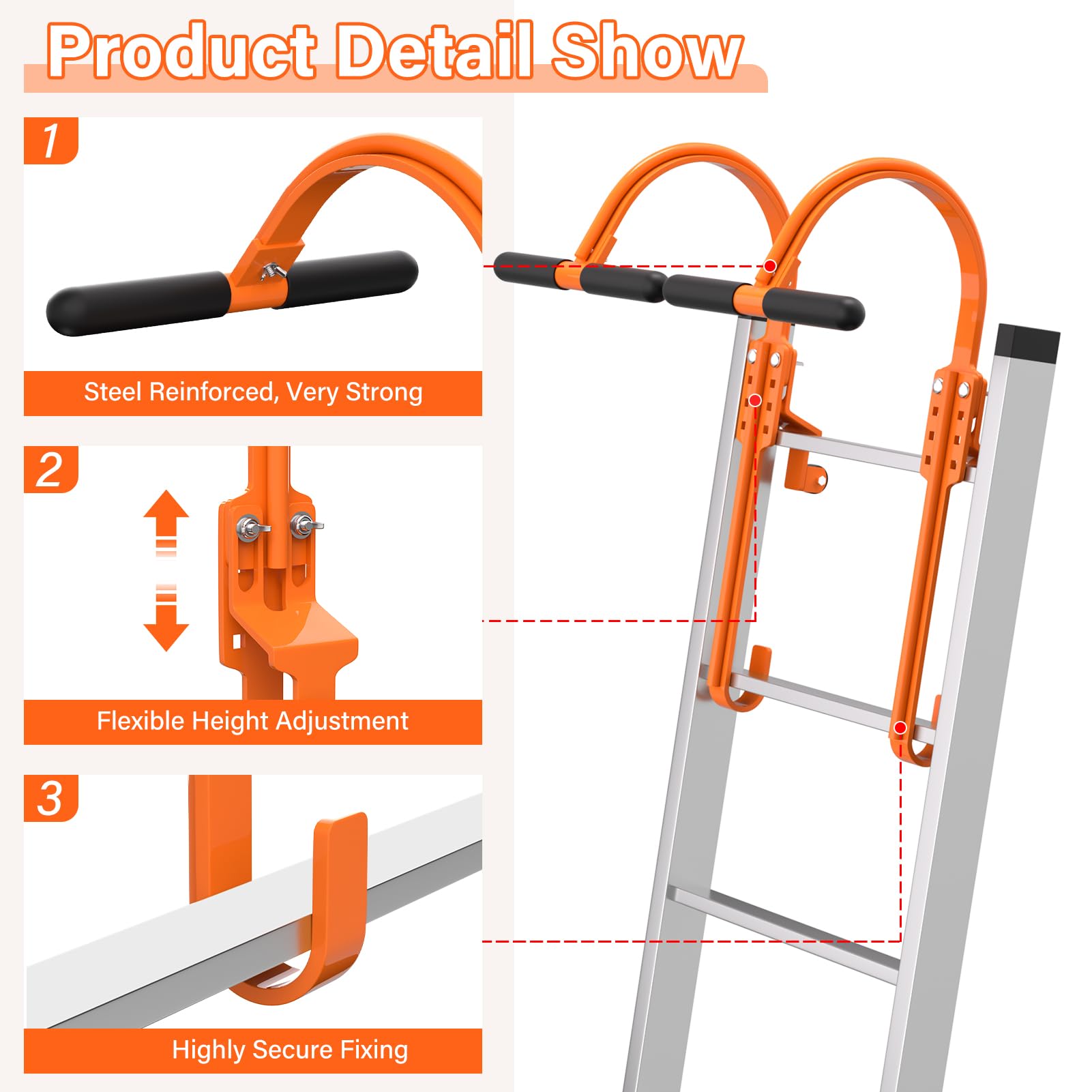Ansgery ladder-hook roller mechanism shown for smooth roof movement