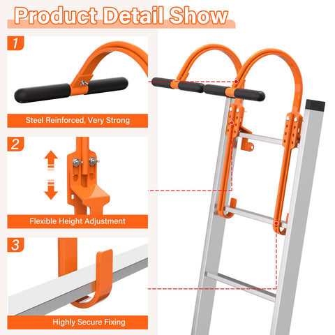 Ansgery ladder-hook roller mechanism shown for smooth roof movement