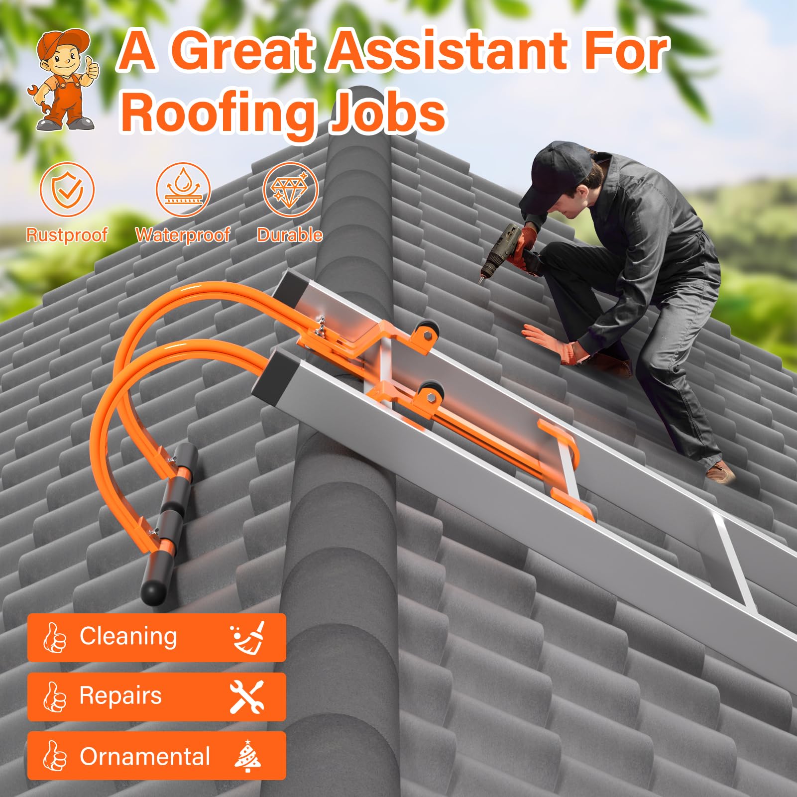 Ansgery roof ladder hooks work with round, D-shaped, wood, and aluminum ladders