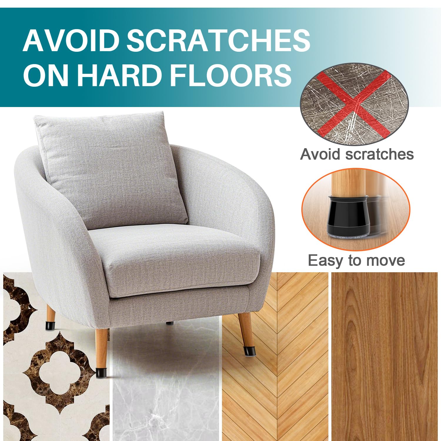 Ansible silicone felt pad slips over chair legs for floor protection.