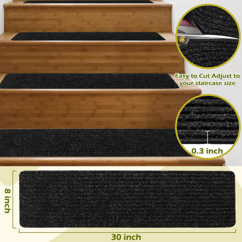 Antdle stair treads measure 8x30 inches, fitting most indoor wooden stairs.
