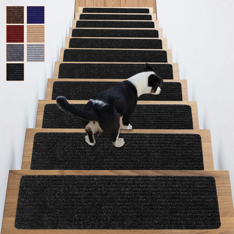 Antdle carpet stair treads with non-slip backing for safer footing on wood stairs.