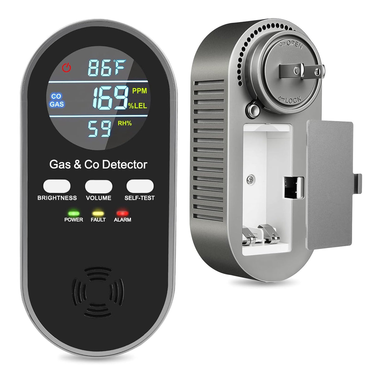 ANTERCITE 5-in-1 detector front display shows CO, gas, temperature, and humidity at a glance.
