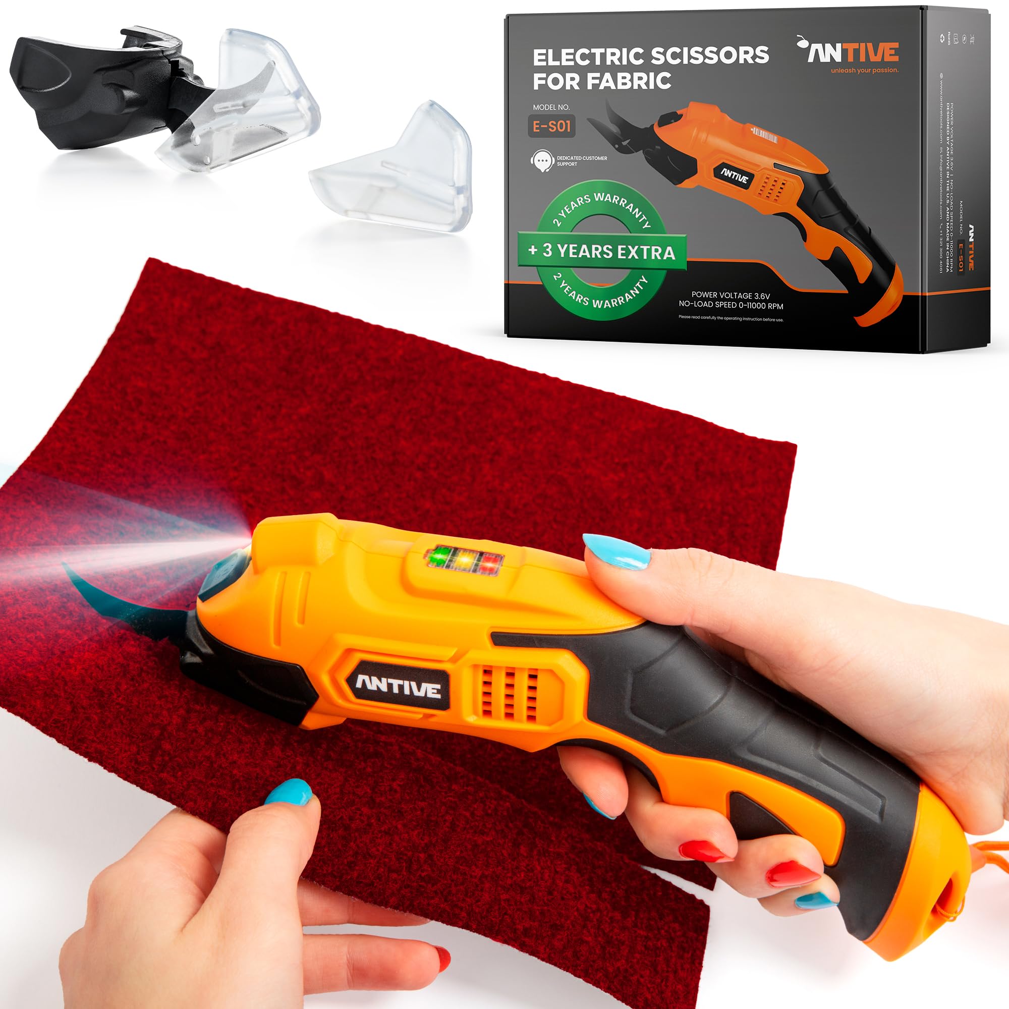 Antive electric scissors with LED light for precise cuts in sewing projects.