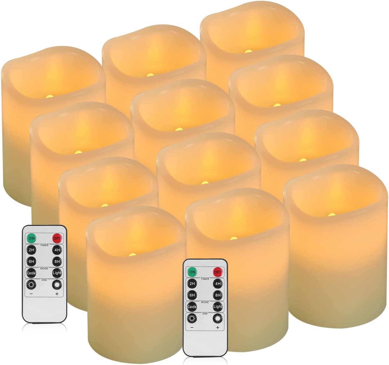 Antizer flameless candle set with 12 ivory pillars and remote for gatherings.