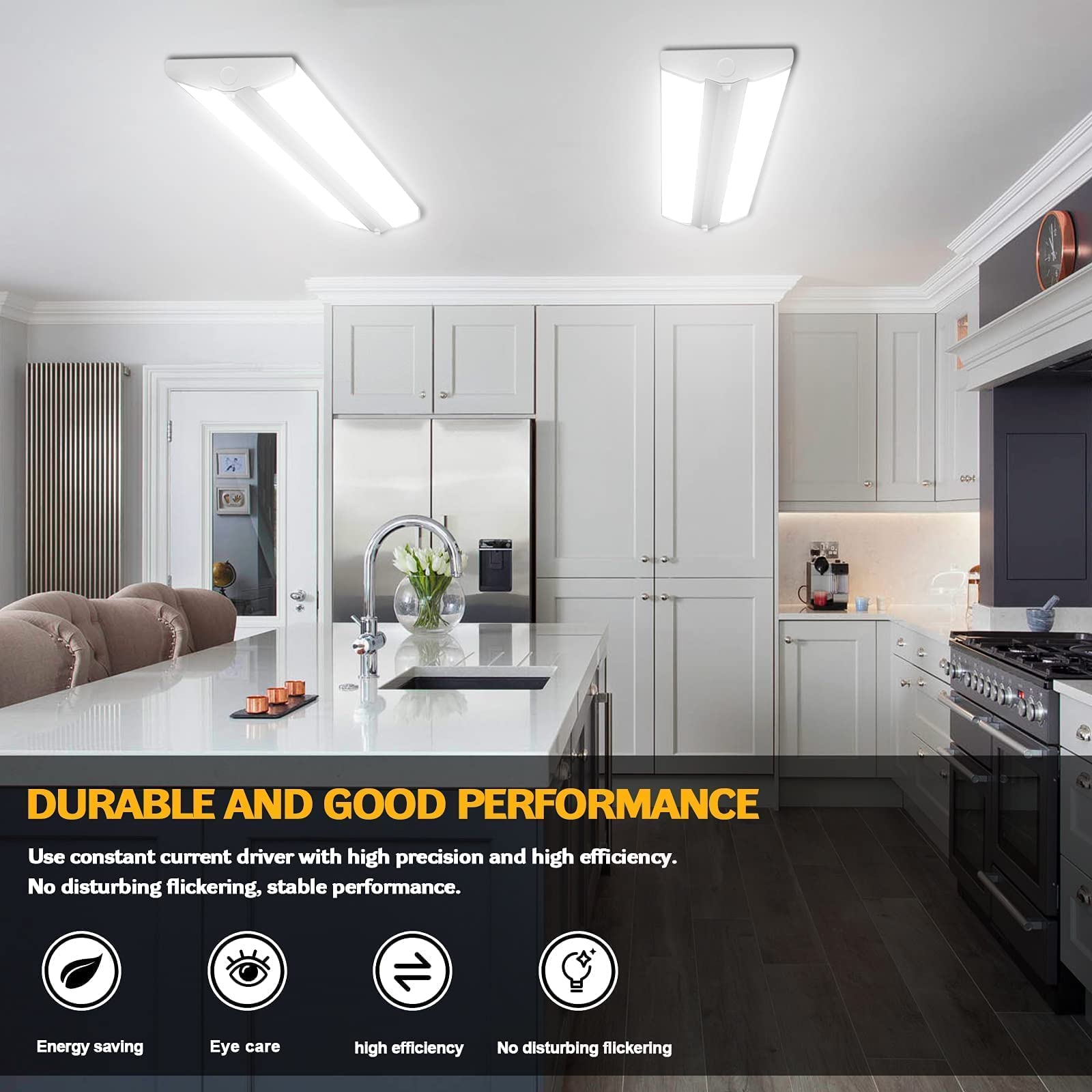 ANTLUX 4FT LED wraparound light installed in a garage emphasizing energy efficiency.