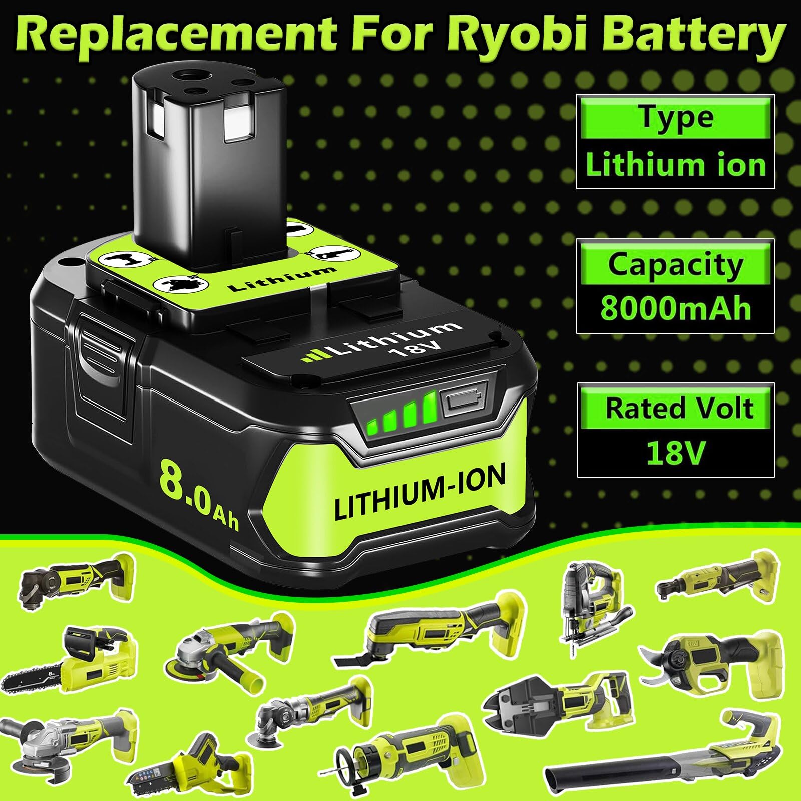 Closeup of ANTOOLOCKER Ryobi 18V battery pack showing durable design.