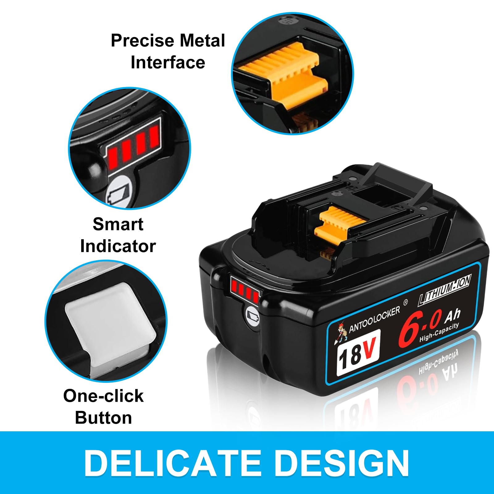 ANTOOLOCKER safety features on display, highlighting protection against over-charge and short circuits.