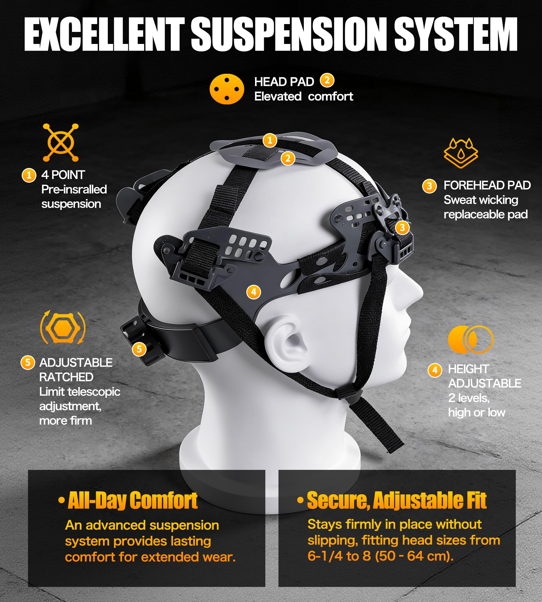 4-point suspension adjustable for a secure fit on the head.