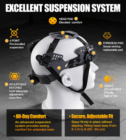 4-point suspension adjustable for a secure fit on the head.
